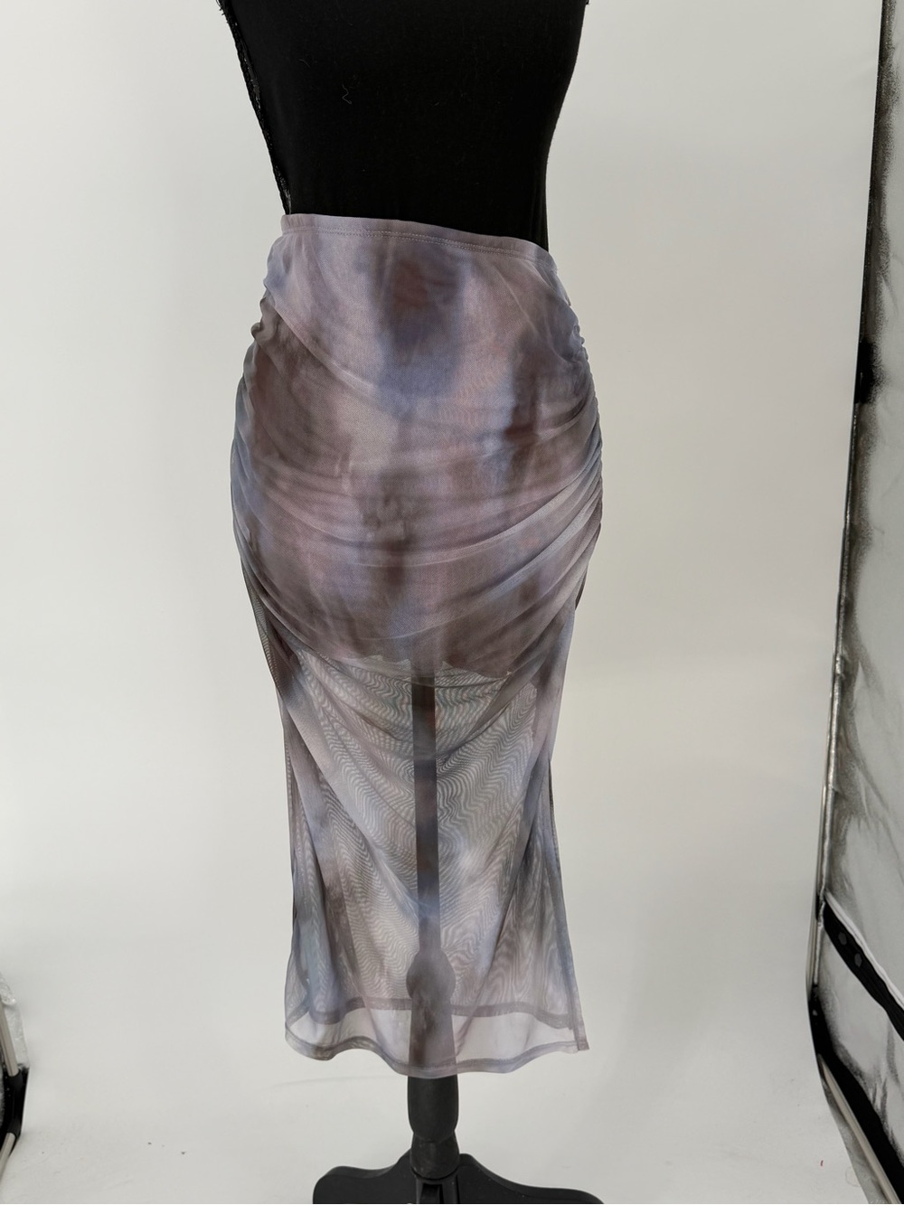 RSQ Sheer Ruched Midi Skirt in Gray and Blue Tie-Dye